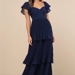 Notorious Charm Navy Blue Pleated Flutter Sleeve Maxi Dress